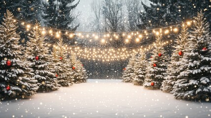 Wall Mural - Christmas background with snow covered fir trees, string lights with red and white ornaments and falling snow. Festive winter holiday backdrop.