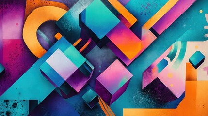 Poster - A vibrant abstract background featuring colorful cubes and geometric patterns, with shades of blue and purple, creating a modern and artistic design