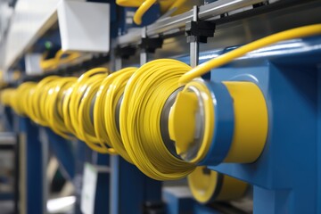 Poster - Yellow Cable on Blue Structure in Manufacturing Plant Conveyor System Close Up View