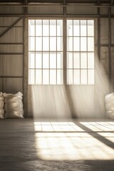 Aufkleber - Warehouse Interior with Light Beams Shining Through Windows and Bags on the Floor Space