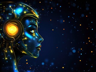 Poster - Futuristic Female Android with Glowing Circuits and Cosmic Background Illustration