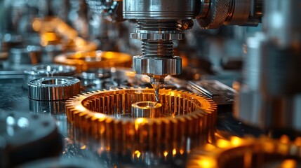 Poster - Close-up of gears during manufacturing. Industrial technology, precision and automation at work