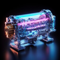 Poster - Futuristic Transparent Engine Design with Neon Lights and Chrome Accents on Black Background