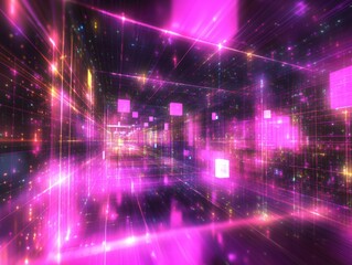 Poster - Abstract Pink and Purple Glowing Grid Tunnel with Floating Cubes and Sparkling Lights