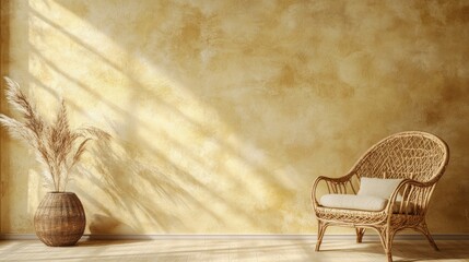 Aufkleber - Interior with Wicker Chair and Pampas Grass in Rustic Vase Against Textured Wall with Sunlight