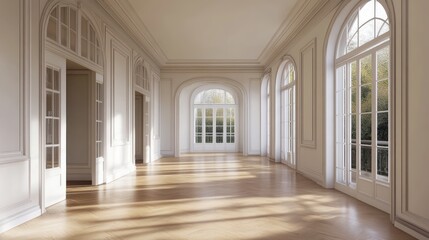 Aufkleber - Elegant Empty Room with Natural Light Streaming Through Arched Windows in a Classic Style