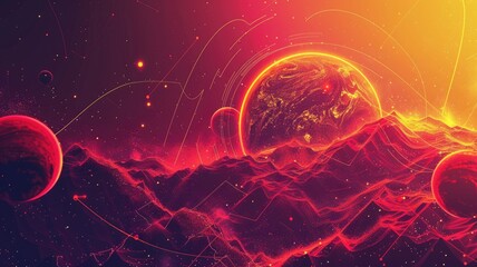 Poster - Futuristic digital art with glowing planet and grid. Sci fi and space exploration theme. Digital artwork of explosion of fire planet with glowing red color. Background for wallpaper, banner. AIG53.