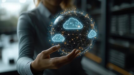 Poster - woman holds a holographic globe showcasing a global cloud computing network
