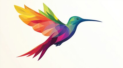 Poster - Geometric Hummingbird Illustration with Vibrant Rainbow Colors on a White Background
