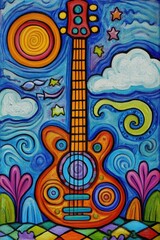 Poster - Vibrant Guitar Painting with Sun Clouds and Flowers in a Colorful Whimsical Style