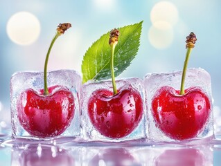Poster - Three Fresh Red Cherries Frozen in Ice Cubes with a Leaf on a Reflective Surface