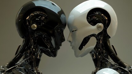 Poster - Duality of Artificial Intelligence Two Robot Faces in Black and White Confronting Each Other