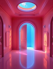 Poster - top view of a futuristic pink room with a glowing door, bathed in golden sunlight, clear copy space at the bottom for text.
