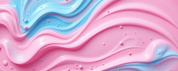 Poster - smooth pink and blue fruit yogurt background with flowing liquid, abstract illustration with glimmering silver tones on the left, copy space on the right.