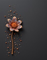 Poster - a holographic flower with particles on a dark background, posed of many particles, positioned on the left with bronze tones, ample copy space on the right for photos.