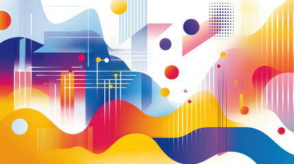 Poster - Vibrant abstract design featuring colorful waves, geometric shapes, and dynamic lines, creating energetic and modern visual experience