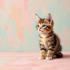 Poster - abstract cat wallpaper in pastel colors, soft background with a kitten on the left side, plenty of copy space on the right for text or design elements.