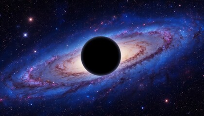 Wall Mural - The image depicts a black sphere looming prominently in front of a swirling galaxy, with vibrant blue and purple hues that create a mesmerizing cosmic scene full of stars.