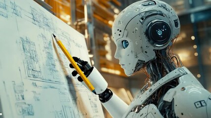 Poster - Futuristic robot engaged in drawing projects at a construction site close-up, view of the drawing from the robot's face,