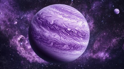 Wall Mural - A purple planet with a swirling surface sits in a dark starry space with faint purple clouds and white stars.