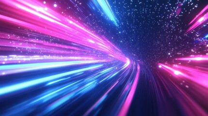 Poster - abstract futuristic background with pink blue glowing neon moving high speed wave lines and bokeh lights. Data transfer concept Fantastic wallpaper, Ai Generative