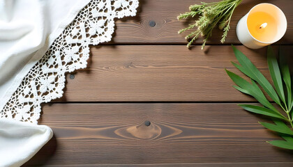 Poster - rustic wooden desk, partially covered by a delicate white lace cloth. A lit candle