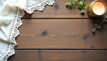 Poster - rustic wooden desk, partially covered by a delicate white lace cloth. A lit candle