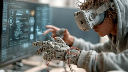 Person using vr headset and gloves for technology interaction