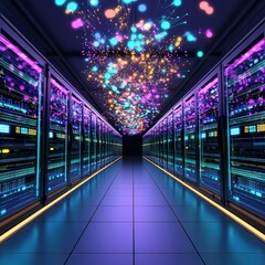 Poster - Extensive server room featuring multiple rows of servers and advanced networking equipment in use