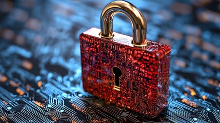 Poster - Secure padlock resting on a circuit board symbolizing technology, security, and protection concepts