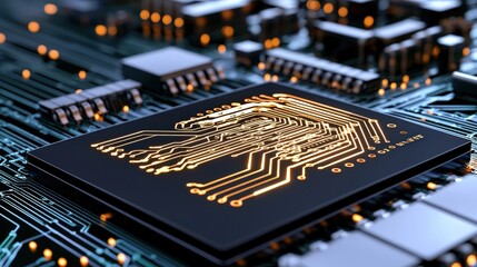 Poster - Close-up of a circuit board with integrated circuit in the background emphasizing technology and innovation