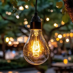 Poster - A light bulb hanging from a tree branch illuminating the natural surroundings in a serene setting