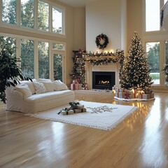 Poster - Cozy living room decorated with a beautiful christmas tree and festive accents for the holidays