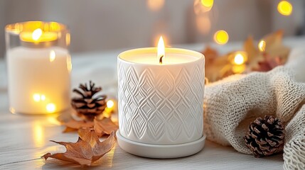 Poster - Soft candlelight glowing amidst autumn leaves creating a warm and cozy atmosphere of serenity