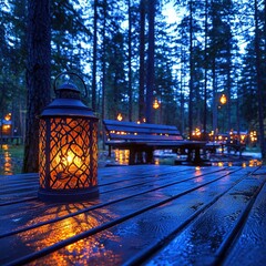 Poster - Warmly lit candle resting on a rustic wooden table creating a cozy and inviting atmosphere