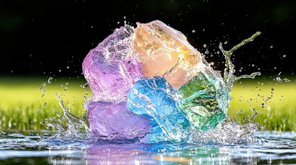 Poster - Colorful ice cube splashes into clear body of water creating ripples and stunning visual effects