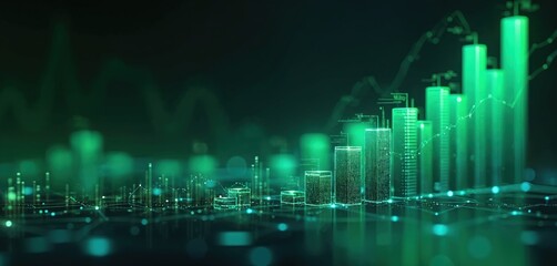 Poster - futuristic stock market performance illustration, glowing green bars, data chart, business finance, 
