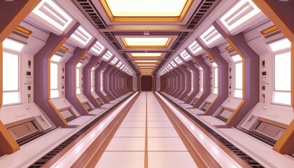 Fototapete - Exploration corridor design futuristic space station 3d architectural visualization high-tech environment wide perspective sci-fi concept