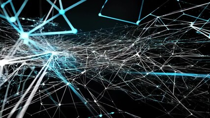 Poster - Abstract background of glowing blue and white lines connecting in complex network, futuristic neural connections and data streams in darkness.