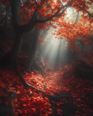 Wall Mural - explore the beauty of nature in a magical forest. rays of light illuminate vibrant red leaves. a pat