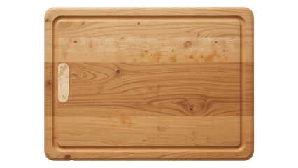  wooden cutting board with a handle, displaying natural wood grain.  It is rectangular and suited for kitchen use.isolated on transpraent png