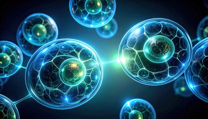 Poster - Dynamic cell division event microscopic world digital artwork scientific visualization close-up view biology concept