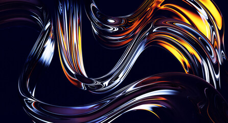 Poster - Dark blue 3d background with abstract liquid glass transparent clear wave line pattern. Chromatic fluid flow curve shapes, rainbow water ribbons with holographic light gradient render. 3D illustration