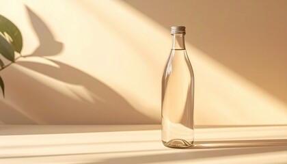 Poster - Captivating still life of a glass water bottle against a soft background minimalist design indoor setting aesthetic view