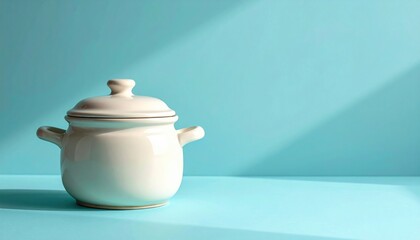 Poster - Elegant white ceramic pot on vibrant turquoise surface still life photography home decor minimalist style