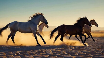 Poster - Herd of wild horses galloping across dry plain at sunset with dust clouds rising.