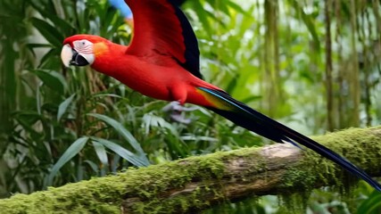 Poster - Parrot perched on tree branch in rainforest canopy with vibrant feathers in sunlight