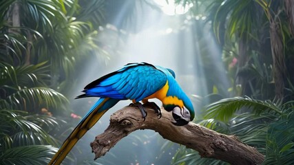 Fototapete - Parrot perched on tree branch in rainforest canopy with vibrant feathers in sunlight