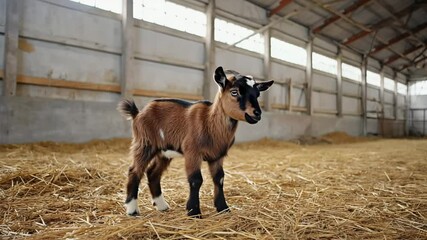 Poster - Baby goat standing awkwardly in barn with straw scattered around