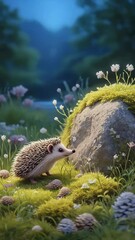 Aufkleber - Hedgehog sniffing around mossy rock in backyard garden